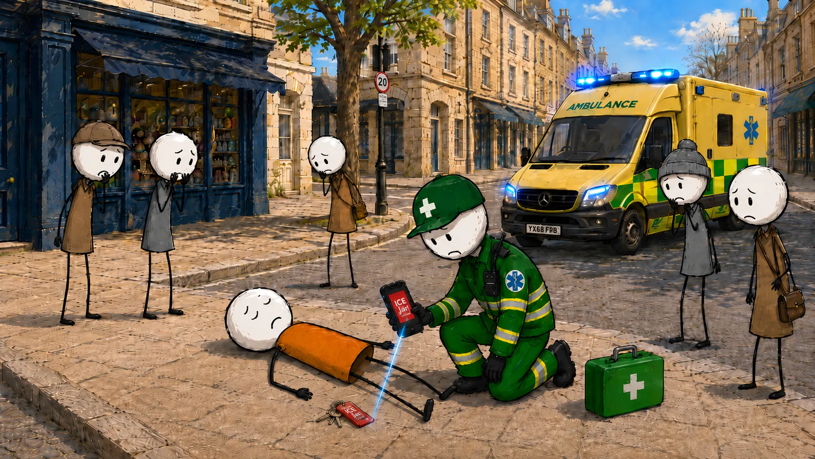 A paramedic scanning an ICE Jar QR code for a collapsed person on the street, with concerned bystanders and an ambulance nearby